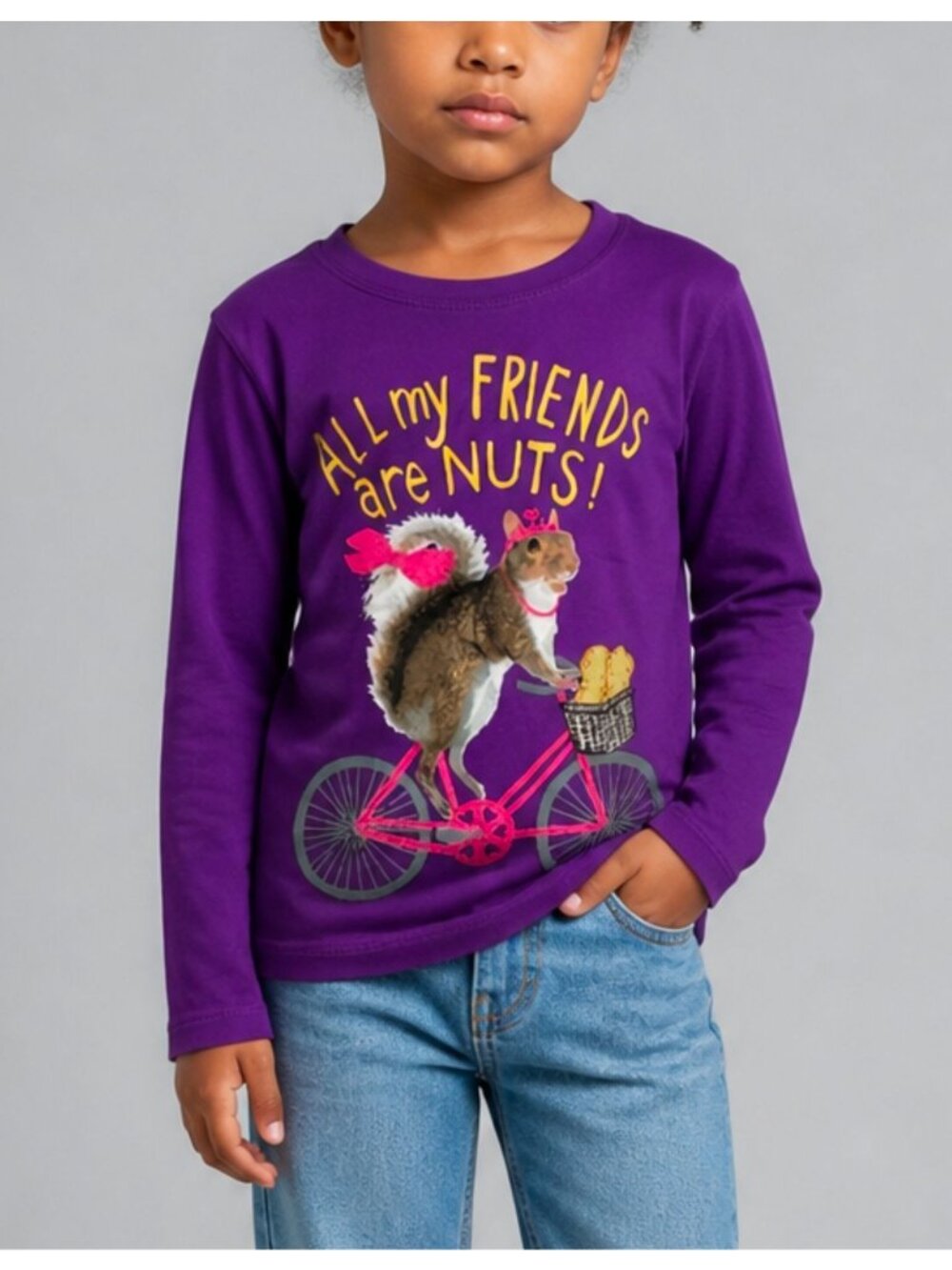Hanes Girls Purple Long Sleeve Graphic Tee "All My Friends Are Nuts!" Squirrel P
